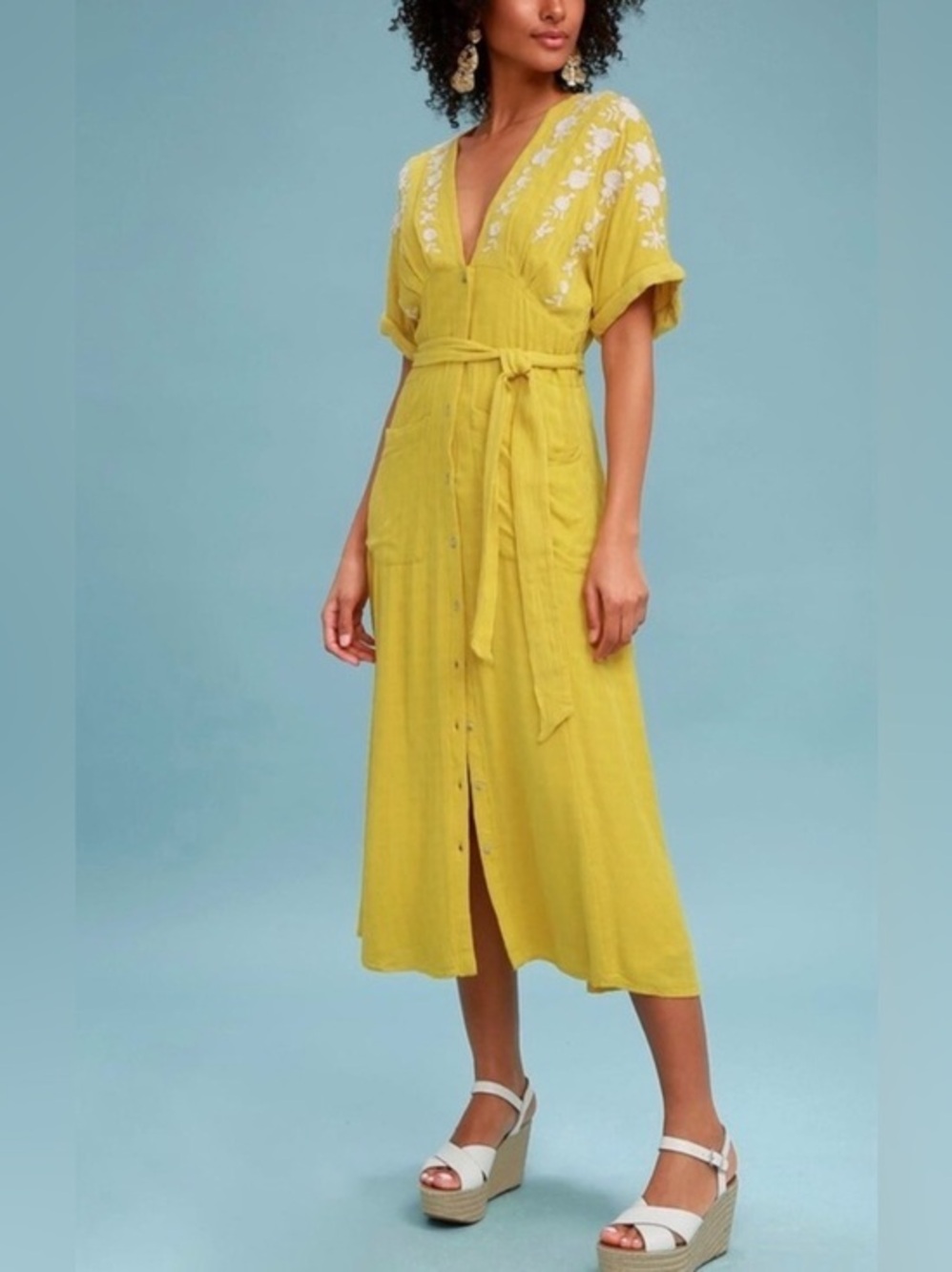 Free People whimsy boho butter yellow Embroidered  Midi Dress with Tie Waist